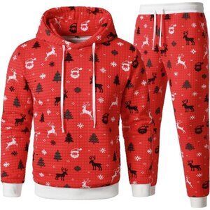 Men's Red Waffle Hoodies Sweatsuits 2PC Tracksuit Christmas Casual Jogging Set